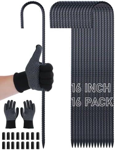 16 Inch J Hook Rebar Stakes 16 Pack, Heavy Duty 8mm Black E-Coated Metal Ground Stakes, Tent Anchors for Trampoline, Chain Link Fence, Canopy & Tarp, with Work Gloves & Safety Caps