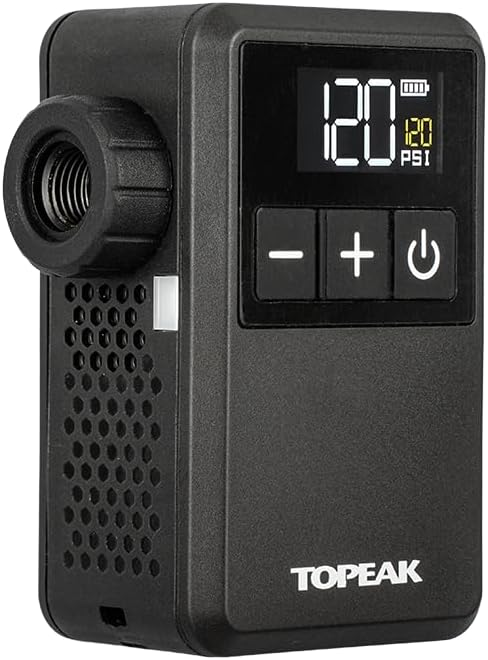 Topeak E-Booster Digital Mini – Portable Electric Bike Pump with Digital Display, 120 PSI Max Pressure, USB-C Rechargeable, Presta & Schrader Compatible, Auto Stop, Storage & Waterproof Bag (TDP-E02)