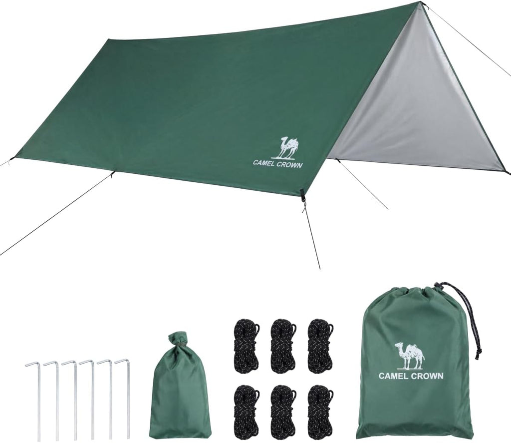 CAMEL CROWN Camping Tarp,3000mm Waterproof & UPF 50+ Sun Protection Rain Fly Tarp - Lightweight Portable Camping Shelter with Stakes, Guy Lines & Carry Bag, for Hiking Backpacking Beach Picnic Shade