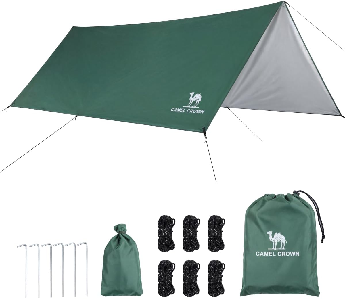 CAMEL CROWN Camping Tarp,3000mm Waterproof & UPF 50+ Sun Protection Rain Fly Tarp - Lightweight Portable Camping Shelter with Stakes, Guy Lines & Carry Bag, for Hiking Backpacking Beach Picnic Shade
