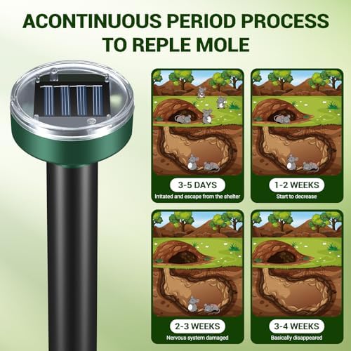 Mole Repellent for Lawns - Gopher Repeller Ultrasonic Solar Powered Vole Repellent Outdoor Waterproof Rat Deterrent Spikes Repellent Snake,Chipmunk,Groundhog,Sonic Mole Stakes for Garden,Yard