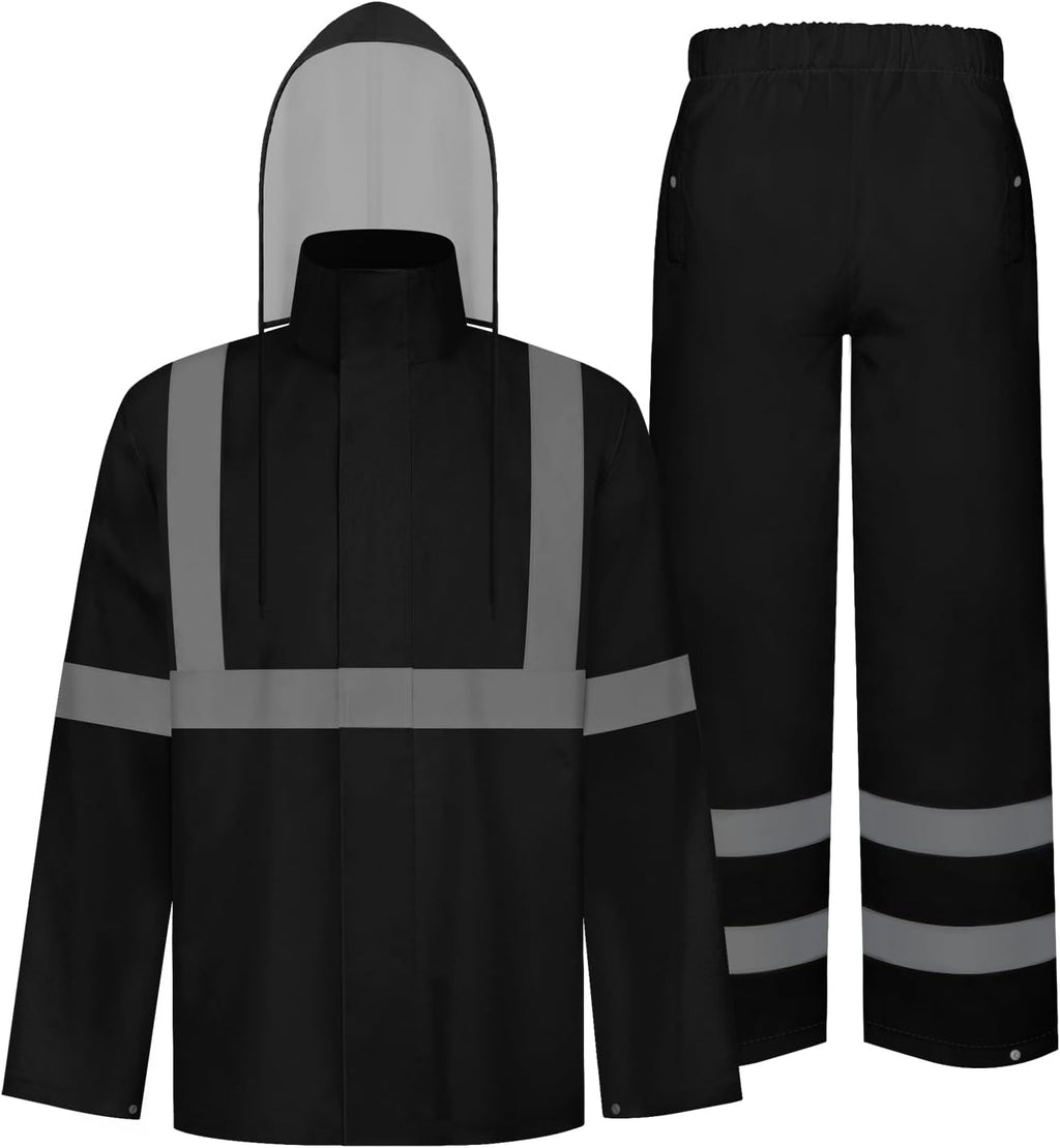 TCCFCCT Hi Vis Jacket and Pants Rain Suit - Waterproof, High Vis Rain Coat with Hood, Safety Work Class 3 Reflective - L-XL Black WP