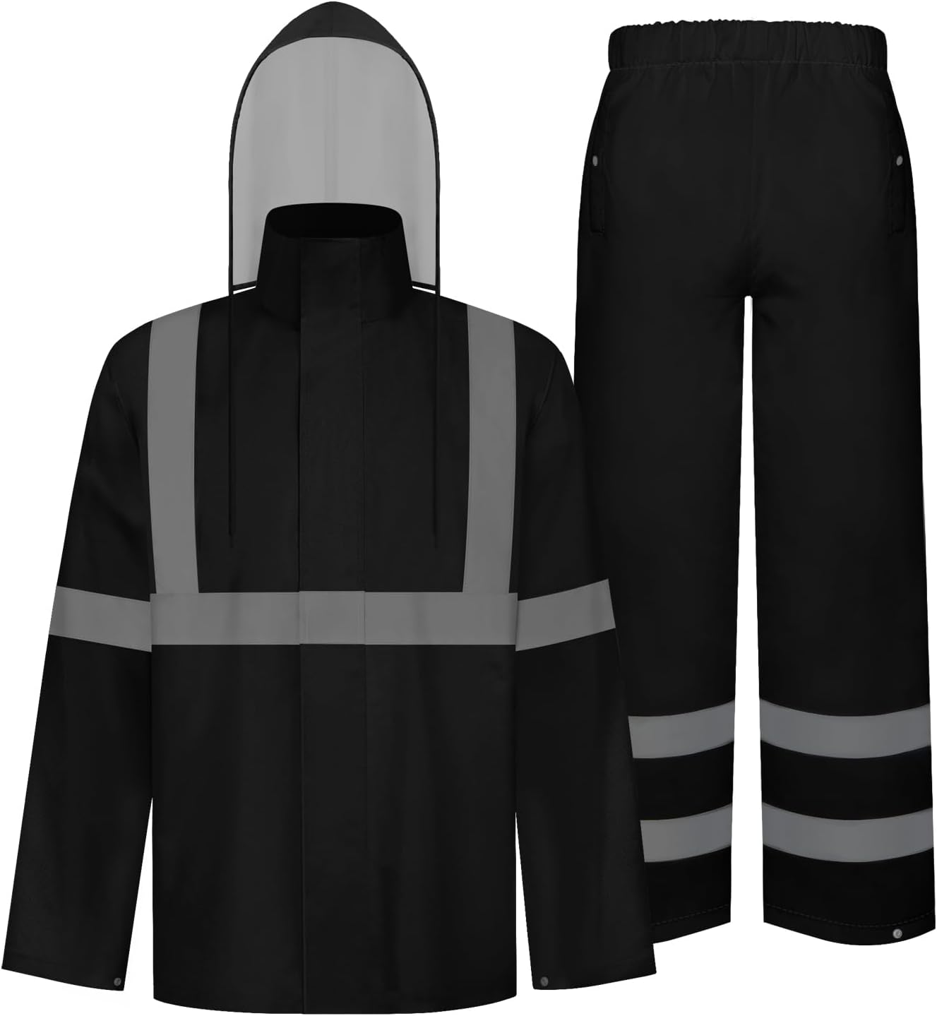 TCCFCCT Hi Vis Jacket and Pants Rain Suit - Waterproof, High Vis Rain Coat with Hood, Safety Work Class 3 Reflective - L-XL Black WP