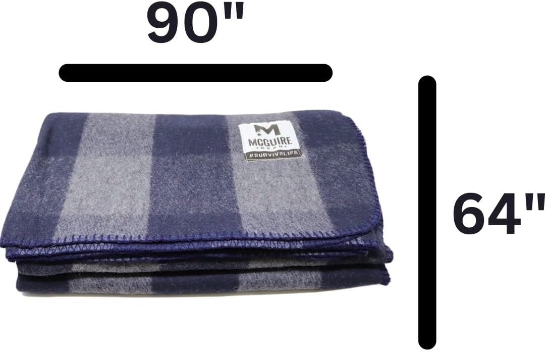 M MCGUIRE GEAR Warm Wool Bunkhouse Plaid Blanket for Camping, Home, Survival, or First Aid, 64" x 90" (Gray/Navy)