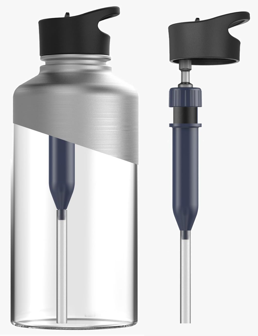 Filtered Half Gallon Water Bottle with Straw Lid - Large Insulated Bottle with Filter System, Includes Carrier Bag with Padded Shoulder Strap, 64oz (Stainless Steel)