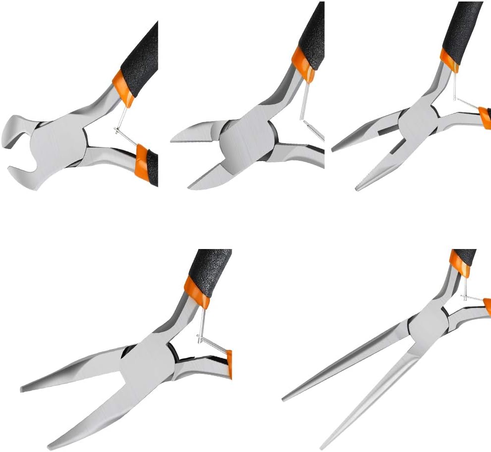 SOONAN 5 Pieces Mini Pliers, Long Lasting Tool Set Cable Cutters – Long Needle Nose, Long Nose, Nipper Bent Nose, End Cutting, Diagonal Cutting, Precision Pliers Set
