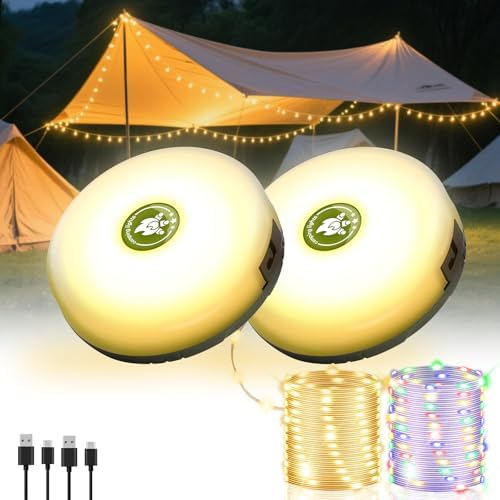 2 Pack Camping String Lights 4 in 1, 8 Modes Rechargeable Fairy Tent Lights