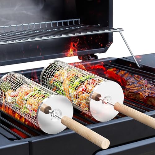 ivtivfu Rolling Grill Basket, Removable Wooden Handle, Nesting BBQ Tools