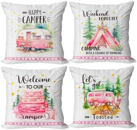Happy Camper Camping Life Throw Pillow Cover for Camp Lady, 18 x 18 Inch Pink Travel Trailer Campfire Tent Pinetree Holiday Cushion Case Decoration for Sofa Couch Set of 4