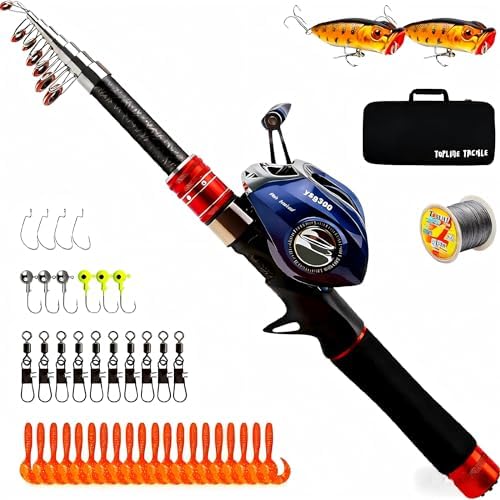 Telescopic Fishing Rod and Reel Combos, Carbon Fiber Fishing Rod with Stainless Steel Baitcasting Reel Portable Fishing Pole Reel Combo for Travel Saltwater Freshwater