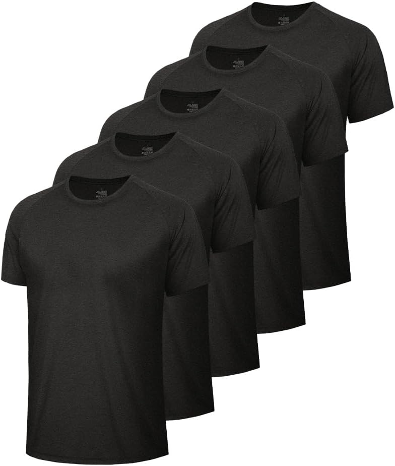 BOOJO 5 Pack Workout Shirts for Men-Quick Dry Black Gym Moisture Wicking Short Sleeve T-Shirts for Running Athletic Casual