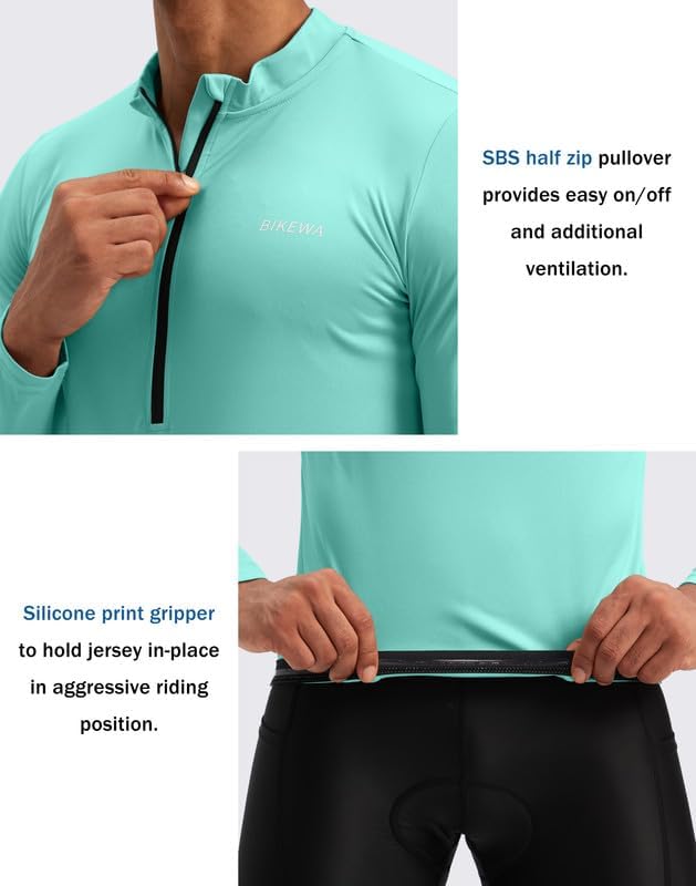 Bikewa Men's Cycling Jersey with 3+1 Rear Zipper Pockets Long Sleeve Moisture Wicking UPF 50+ Half Zip Riding Bike Shirts