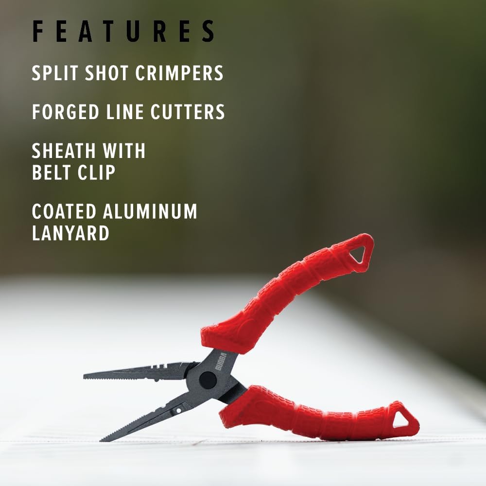 Bubba 7.5" Forged Fishing Pliers with Crimping Cutouts, Lure Tuning Slots, Hook Pulling Holes, and Corrosion-Resistant Coated Steel, For Fishing