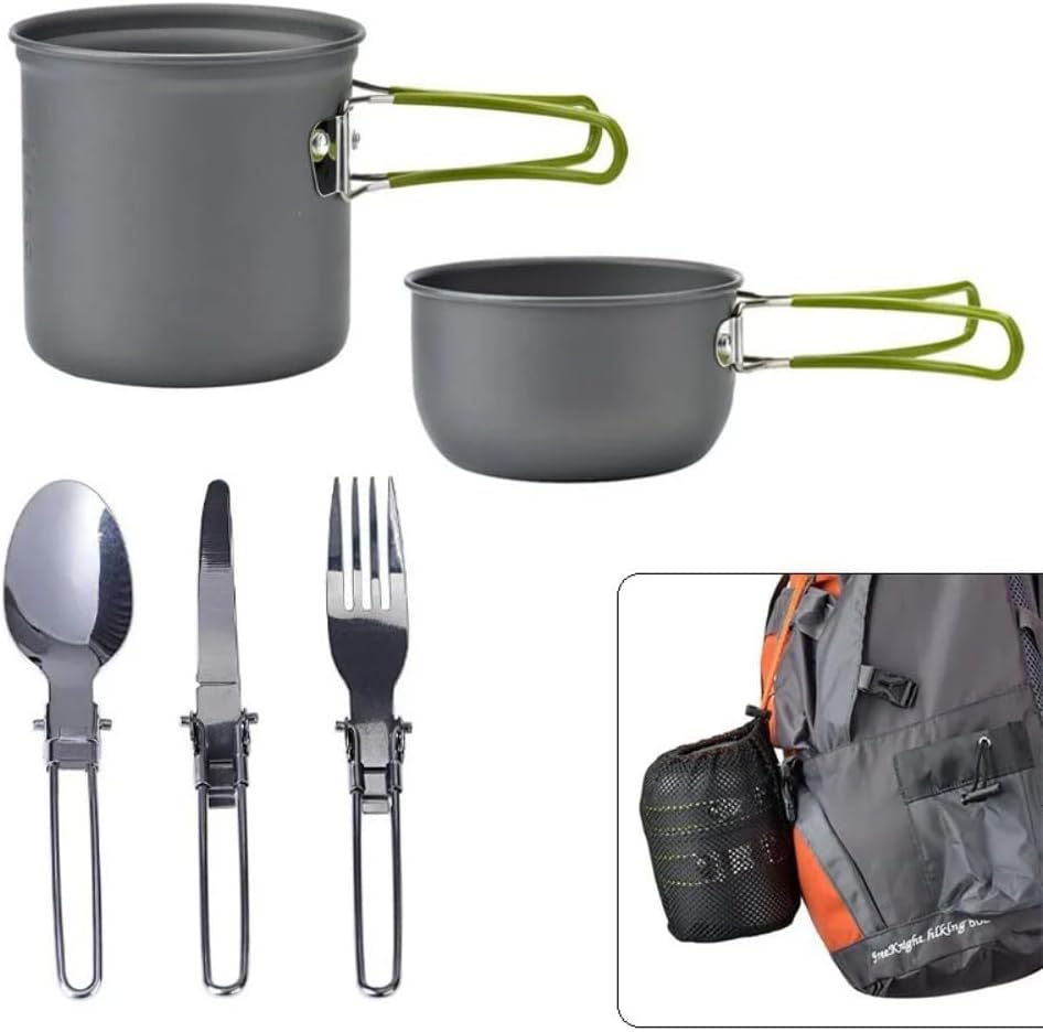 Peidesi Camping Cookware Mess Kit, Portable Camp Stove Pots and Pans Set, Carabiner, Folding Knife, Fork Spoon Kit, Carry Mesh Bag, for Backpacking