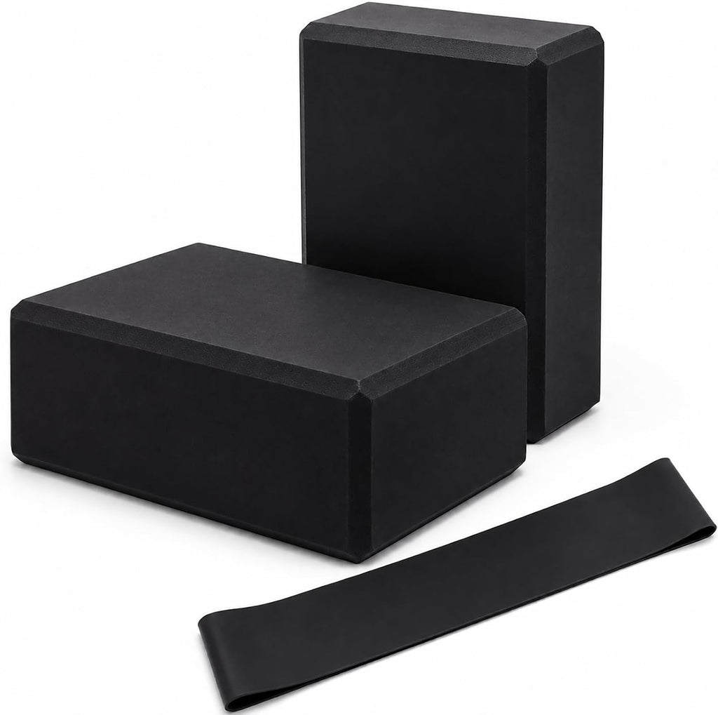 Yoga Blocks 2 Pack, Foam Yoga Block Set with Loop Resistance Band, High-Density EVA Yoga Block for Yoga, Pilates, Exercise, Stretching, Balance Training and Home Workouts