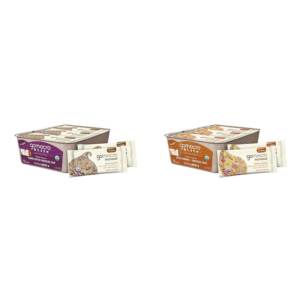 GoMacro MacroBar Organic Vegan Protein Bars - Dark Chocolate + Almonds & Double Chocolate + Peanut Butter Chips (2.3 Ounce Bars, 12 Count) (Pack of 2)