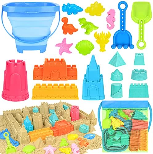 RACPNEL Beach Toys with Collapsible Bucket, Sand Castle Kit for Kids 3-12 | Castle Building Kit, Shovels, Portable Mesh Bag for Sandbox, Backyard, Summer Travel, Beach Games, Multi-Scene Outdoor Fun