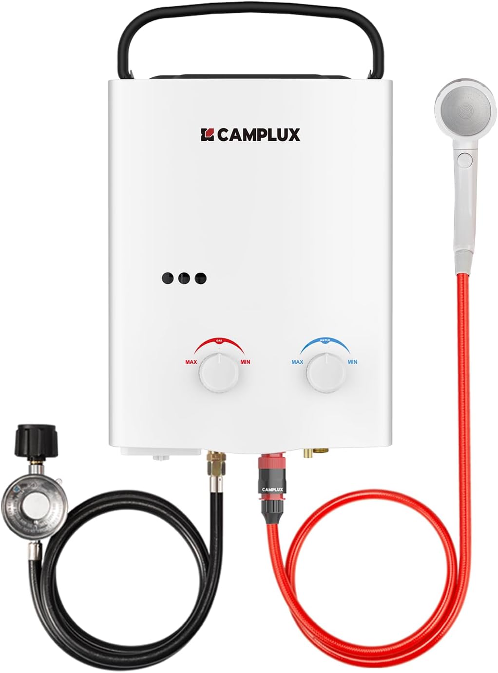 CAMPLUX 5L Portable Tankless Water Heater, 1.32 GPM Outdoor Propane Shower for Camping, RV, Off-Grid, Instant Hot Water with Folding Handle, Overheat Protection, Low Pressure Startup, AY132, White