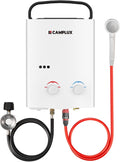 CAMPLUX 5L Portable Tankless Water Heater, 1.32 GPM Outdoor Propane Shower for Camping, RV, Off-Grid, Instant Hot Water with Folding Handle, Overheat Protection, Low Pressure Startup, AY132, White