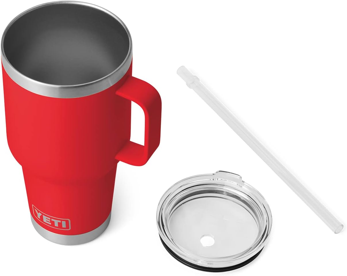 YETI Rambler 35 oz Tumbler with Handle and Straw Lid, Travel Mug Water Tumbler, Vacuum Insulated Cup with Handle, Stainless Steel, Rescue Red