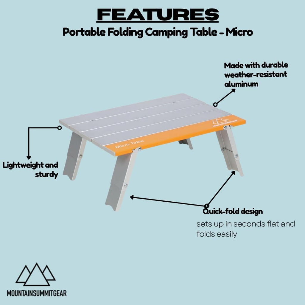 MOUNTAIN SUMMIT GEAR Portable Folding Camping Table 4 Sizes - Micro, Small, Standard & Large | Lightweight Aluminum Outdoor Camp Table for Camping, Picnic, Beach, Kitchen (Micro Table)