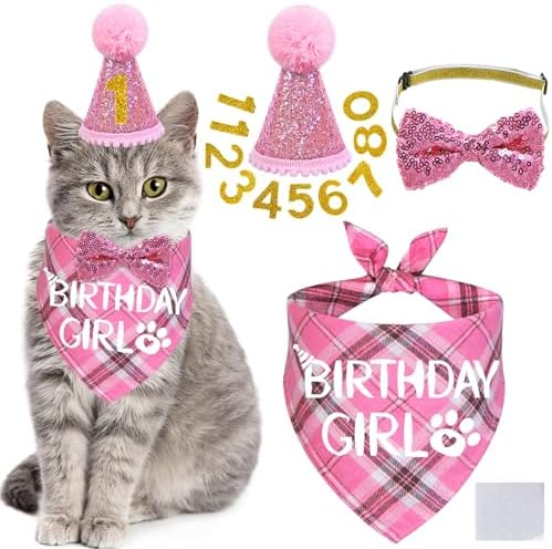 STMK Cat Birthday Party Supplies, Cat Birthday Hat with Number Cat Birthday Bandana Girl Bow Tie Collar for Cats Kittens Birthday Decorations