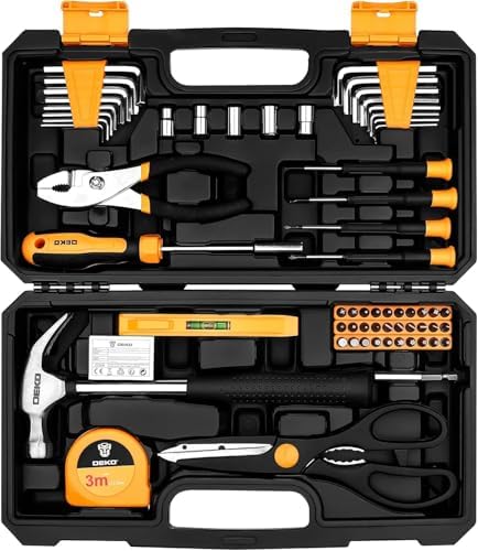 62-Piece Household Tool Set：Small Basic Home Tool Kit with Plastic Toolbox, Hand Tools with Storage Case DEKOPRO