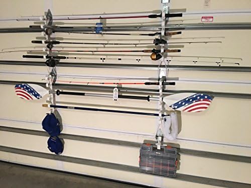 Storage Rack for Garage Doors with Hooks for Fishing Rods, Kayak Paddles and More