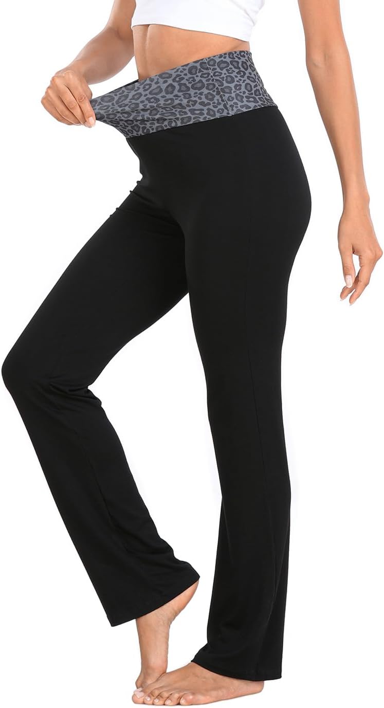 HDE Women's Color Block Fold Over Waist Yoga Pants Flare Leg Workout Leggings