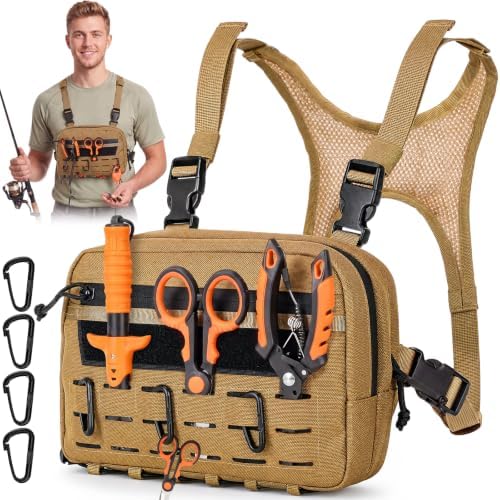 Fly Fishing Chest Pack Water Resistant Tackle Bag with MOLLE System, Detachable Hook Pouches, Adjustable Chest Straps for Stream Wade Fishing(Khaki)