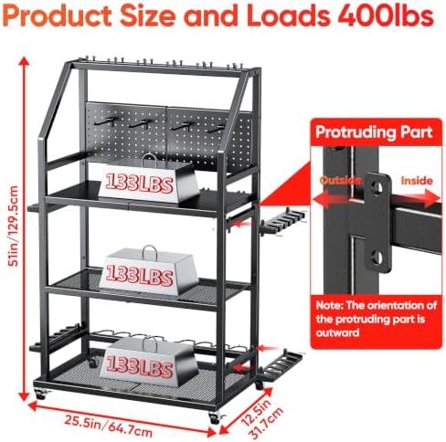 Large Fishing Pole Holders with Wheels for Garage,3 Tier Heavy Duty Metal Fishing Organizer Stand storage 20 Fishing Rod with 4 Hooks and Pegboard for Gear and Equipment Accessories