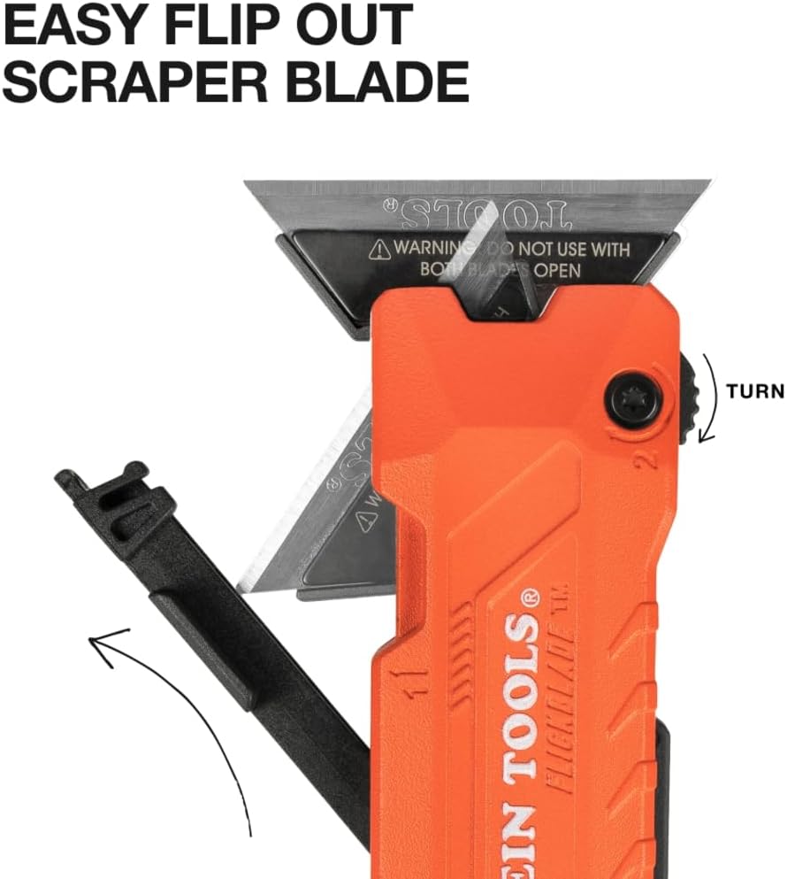 Klein Tools 44306 FLICKBLADE 2-in-1 Folding Utility Knife and Scraper with Built-In Blade Storage, Dual Locking Positions, Includes 3 Triple-Ground Carbon Steel Blades