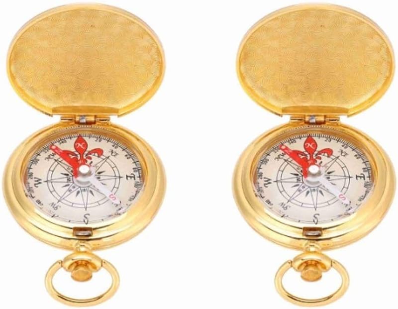 2 Pcs Golden Antique Navigation Compass Keychain – Water Proof Flip-Open Pocket Compass for Outdoor Camping & Hiking