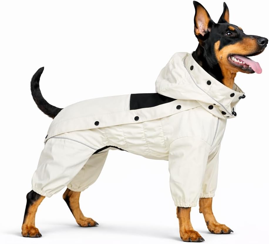 LOVELONGLONG Waterproof Dog Raincoat with Removable Hood – Outdoor Full Body Dog Jacket, Windproof Snowproof Shell Suit – All Season Pet Rain Gear Ivory 3XL