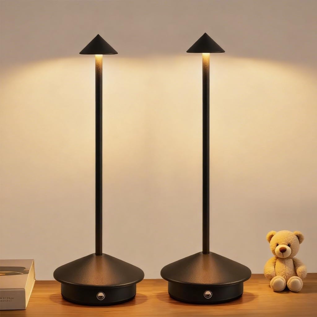 2 Pack Aluminum Cordless Table Lamp, 6000mAh Rechargeable Table Lamps, Portable Touch LED Lamp, Outdoor Waterproof Dimmable Cordless Rechargeable Table Lamps for Restaurant/Patio- Black (BK-Black)