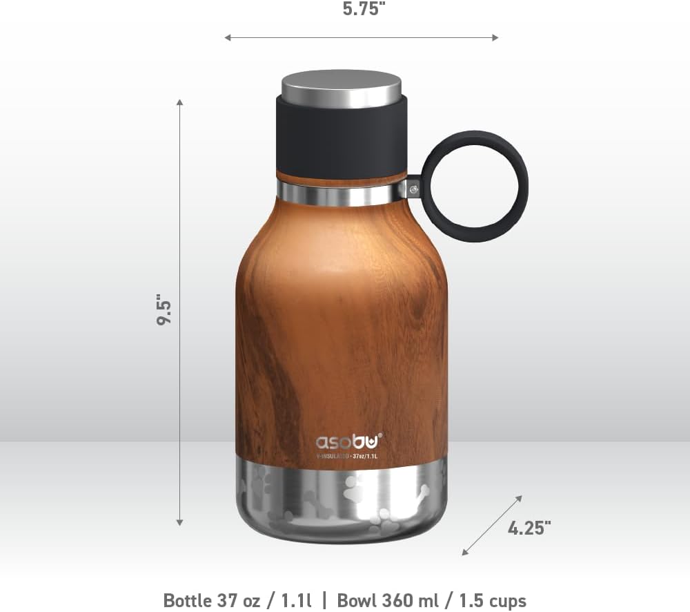 Asobu Buddy Bottle a Stainless Steel Insulated Water Bottle for with Removable Dog Water Bowl and Dog Food and Treat Storage Bowl (Wood, 37 oz Water Bottle with Bowl)