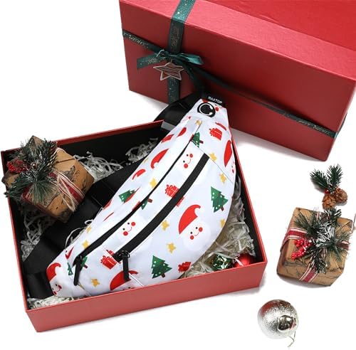 MAXTOP Large White Christmas Fanny Pack with 4-Zipper Pockets, Christmas Gifts for Enjoy Festival Sports Workout Traveling Running Casual Hands-Free Waist Pack Crossbody Phone Bag Carrying All Phones