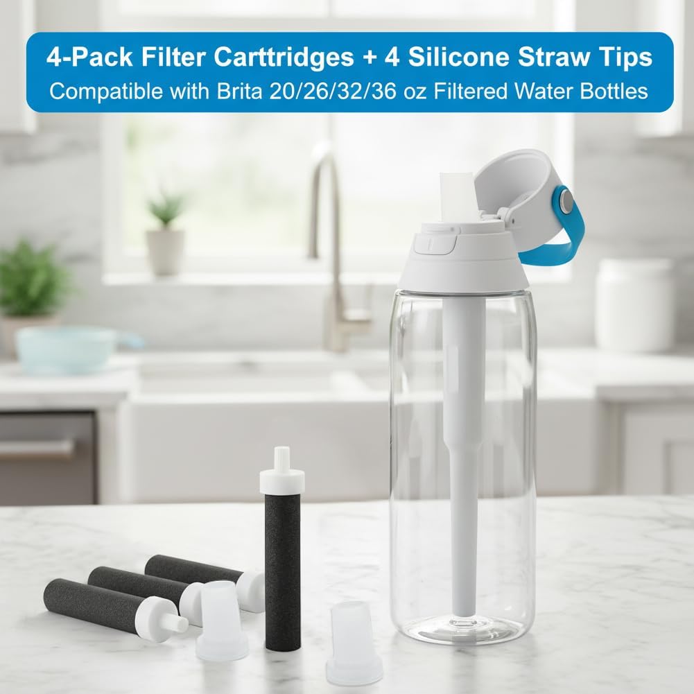 4-Pack Replacement Filters and Silicone Mouthpieces for Brita Water Bottles, Compatible with Hard Sided and Sport Bottles, Leak-Proof, Secure Seal, Easy Installation