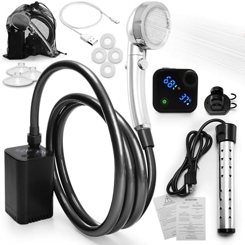 Outdoor Portable Shower with Immersion Water Heater – Low Noise Portable Camping Shower with LED Display, 3 Adjustable Water Levels – Heated Portable Shower Kit for Travel, Pets, Hiking, and Camping