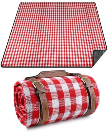 Extra Large Picnic Blanket, 80 x 60 in Waterproof Beach Mat, Red Plaid