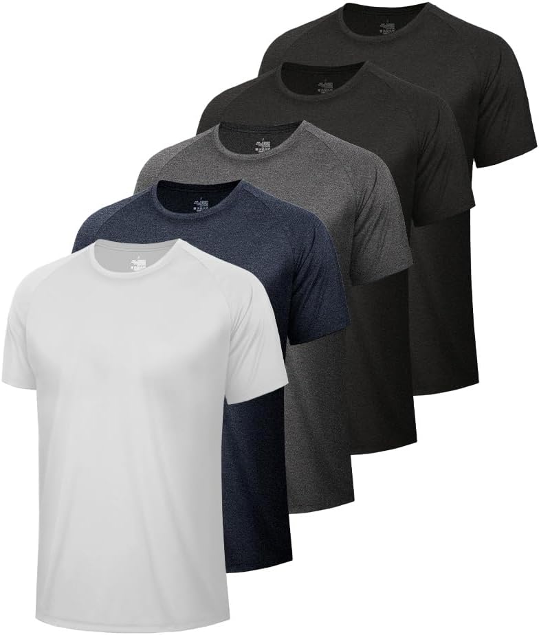 BOOJO 5 Pack Workout Shirts for Men-Quick Dry Black Gym Moisture Wicking Short Sleeve T-Shirts for Running Athletic Casual