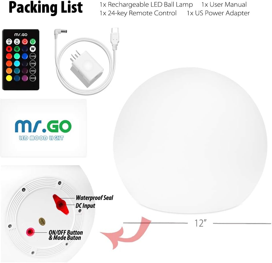 Mr.Go Rechargeable LED Ball Light 12", RGB Color-Changing Globe Orb Lamp
