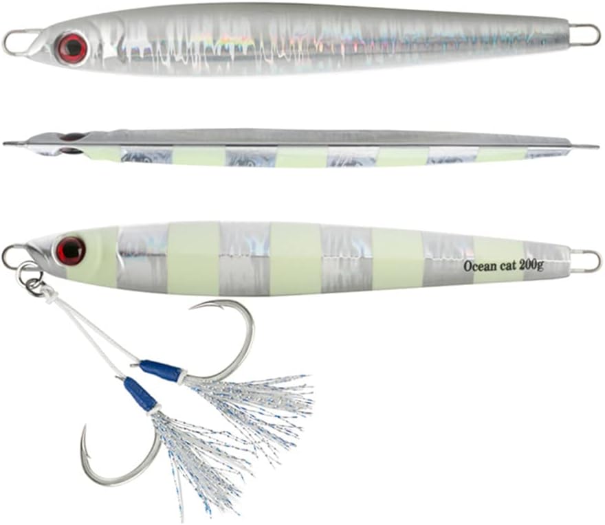 OCEAN CAT 1 PC Slow Fall Pitch Fishing Lures Sinking Lead Metal Flat Jigs Jigging Baits with Hook for Saltwater Fishing 4 Colors 160G/200G
