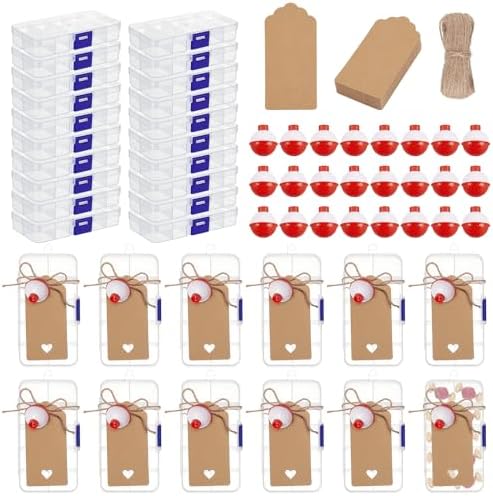 30 Set Fishing Candy Little Tackle Boxes with 30 Fishing Bobber 20M Jute Twine 30 Kraft Paper Tags for Decoration Fishing Party Favors Gone Fishing Theme Supplies (Non-Removable Partition)