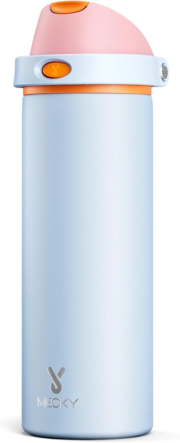 24 oz Insulated Water Bottle for Sports: Meoky Stainless Steel Water Bottle with Straw and Spout Lid - Leak Proof, Cold for 24 Hours, Fits in Car Cup Holder, BPA-Free for Women Travel, Angel Food Cake