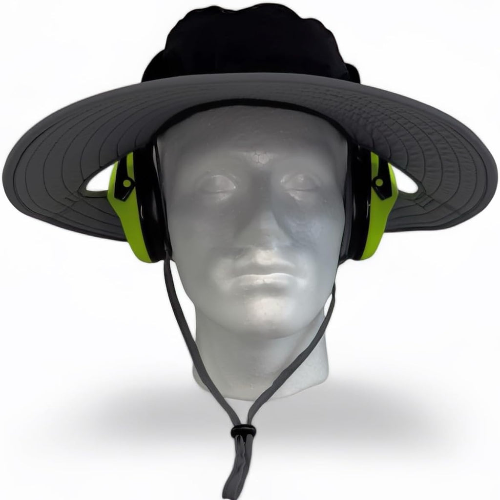 SPF 50+ Bucket Hat Compatible with Ear Protection Headphones – Sun Protection Hat for Lawn Mowing, Construction, Yard Work