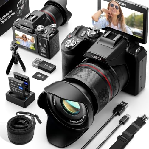 NBD 8K Digital Cameras for Photography,64MP Vlogging Cameras for YouTube,16X Optical Zoom Travel Point and Shoot Digital Cameras Fotograficas with 180°Flip Screen,2 Batteries,64GB Card (Black)