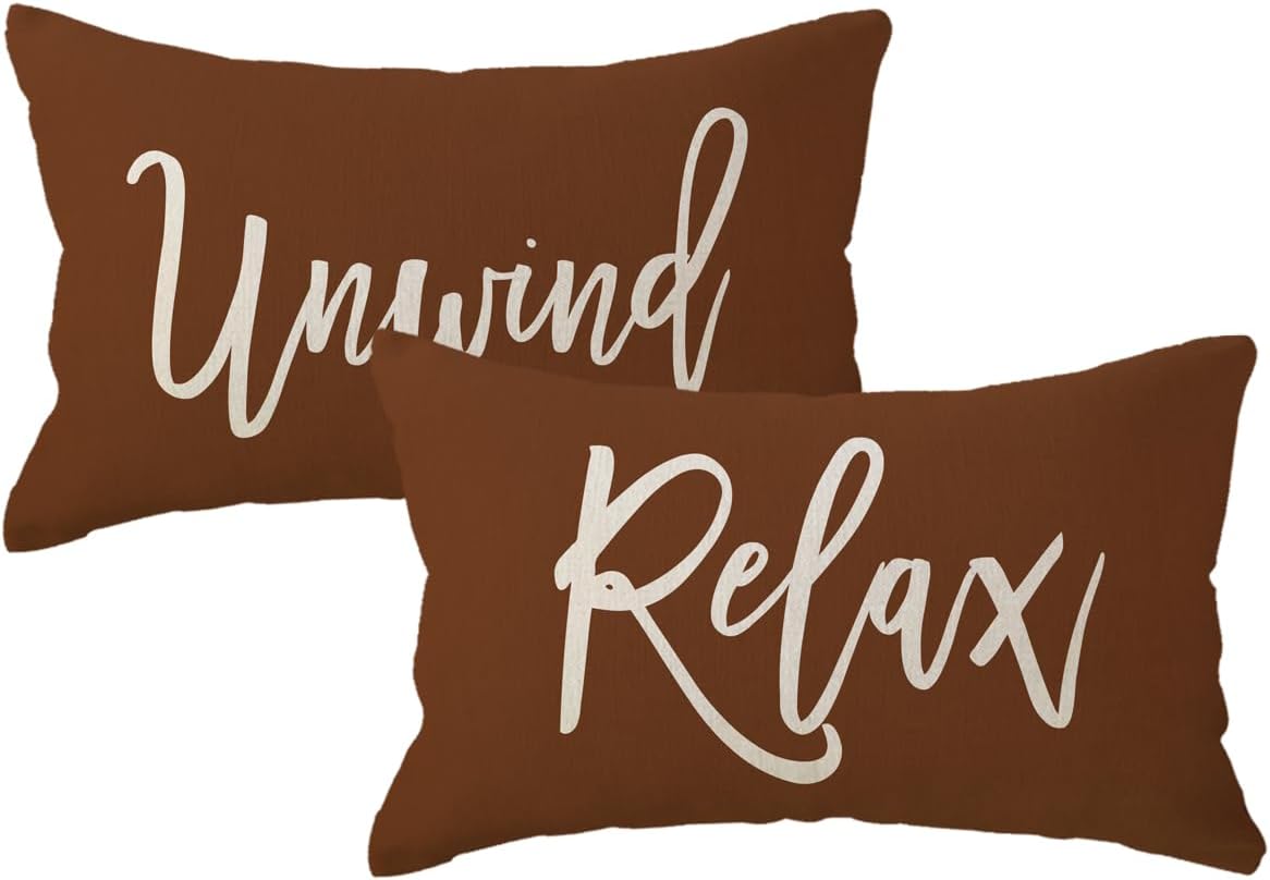 Relax Unwind Throw Pillow Covers 12x20 Farmhouse Spring Summer Decorative Lumbar Pillowcases Porch Patio Cushion Covers 2Pack for Bedroom Living Room Sofa Couch Home Decor (Coffee)