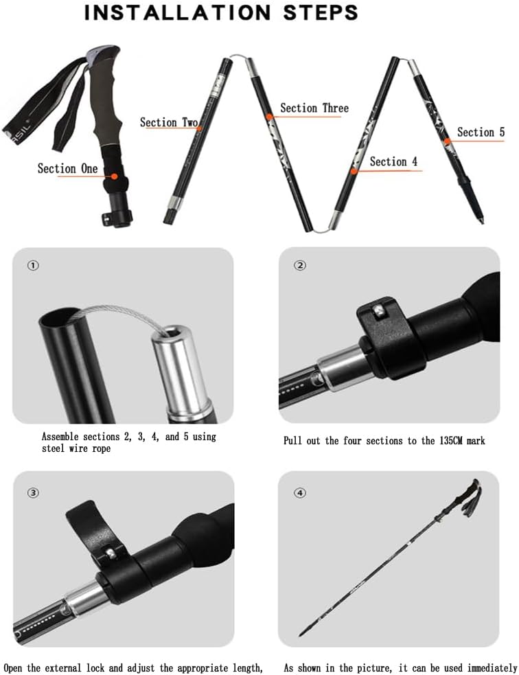 Outdoor Trekking Poles, Aviation Aluminum, 5-Section Collapsible, Adjustable 37-54 in, Lightweight with Tungsten Steel Tip