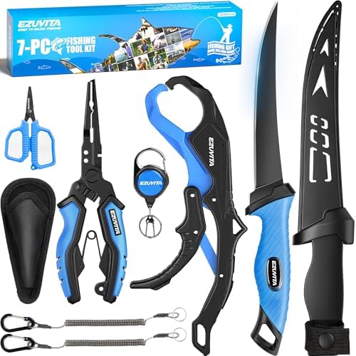 7-Piece Fishing Tool Kit with Pliers, Fillet Knife and Lip Gripper